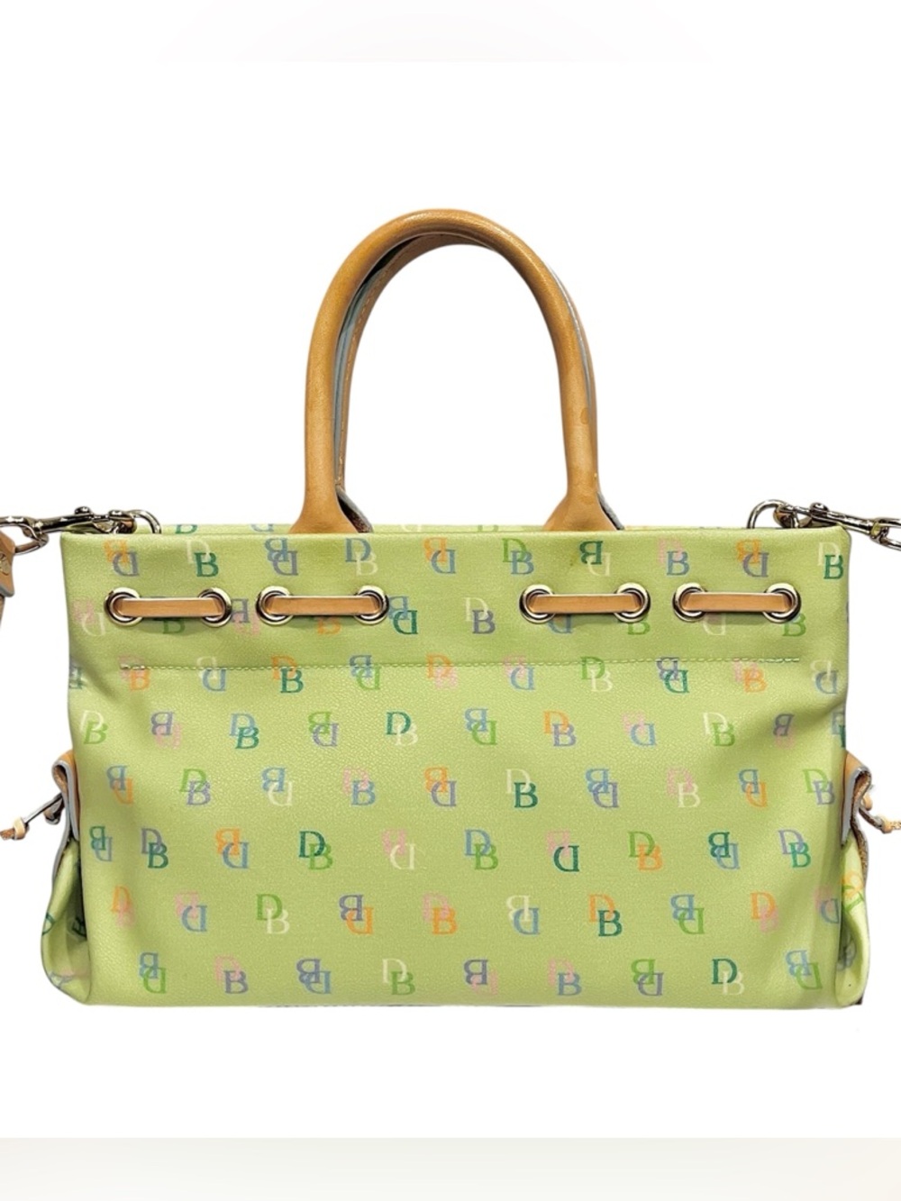 RARE DOONEY & BOURKE VINTAGE Y2K GREEN MULTICOLOR RAINBOW MONOGRAM TASSEL TOTE - Picture 3 of 13